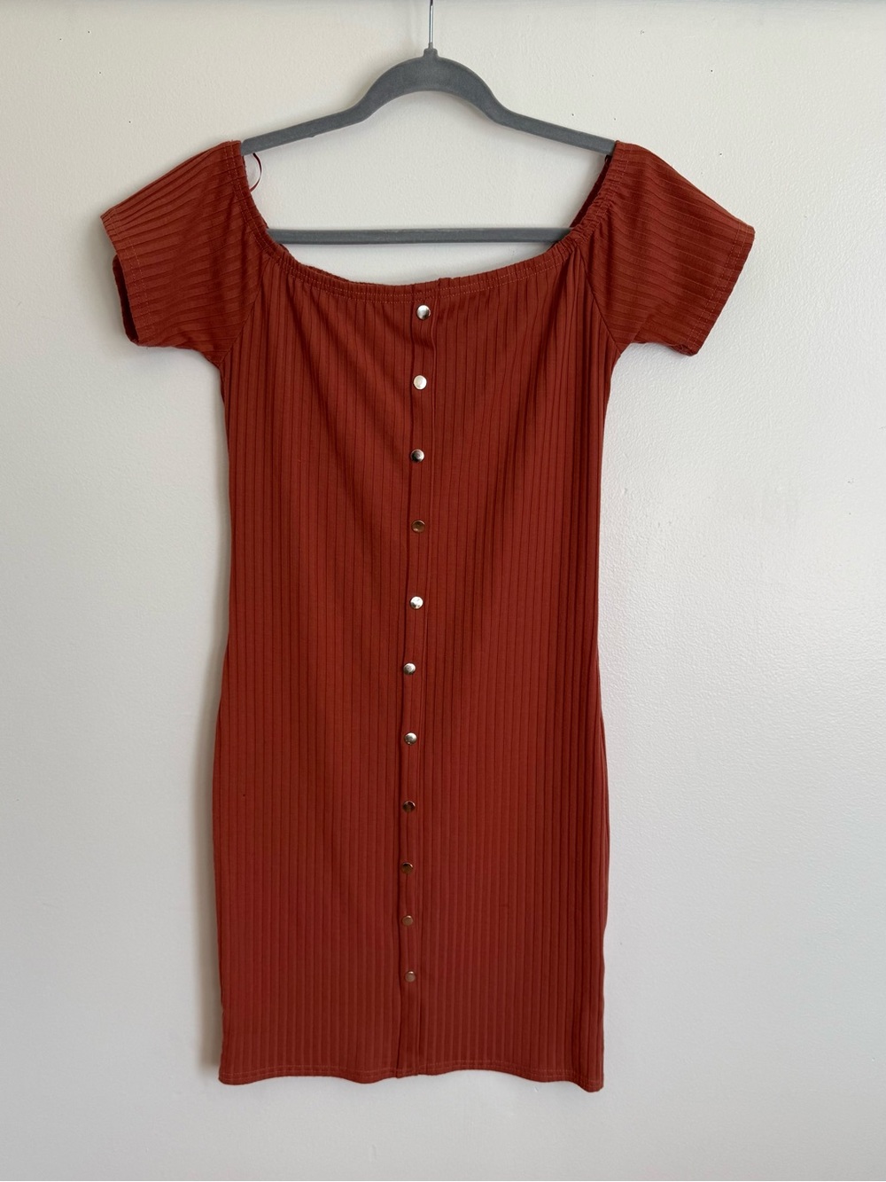 Say What? Rust Ribbed Off-Shoulder Mini Dress